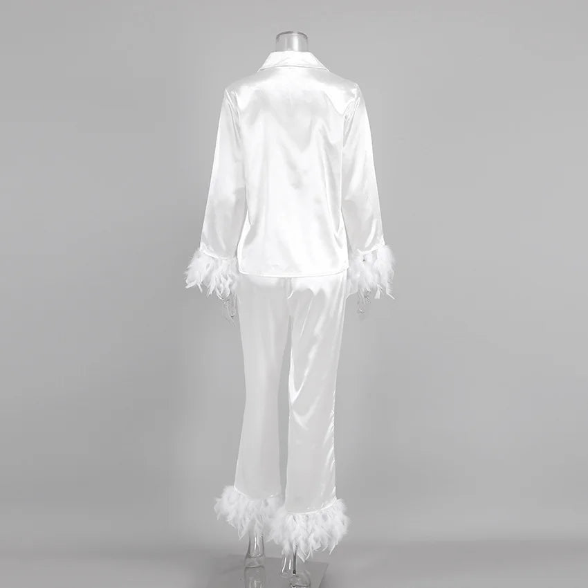 Ensemble 2 pièces à manches longues et pantalon long, pyjama blanc pour demoiselle d'honneur, robe de soirée en satin à revers multicolore, élasticité, pyjama sexy pour femme