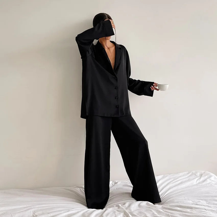 Ensemble de pyjama sexy à coupe basse pour femme, pantalon ample et décontracté à manches longues, en satin de soie uni, haut ajusté, 2 pièces