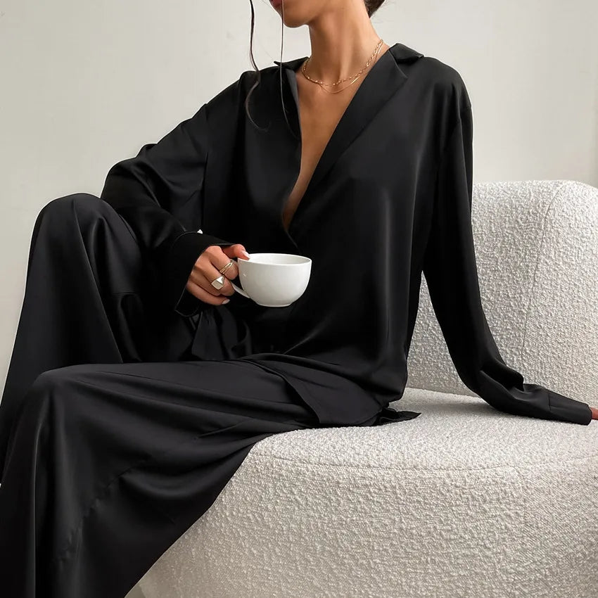 Ensemble de pyjama sexy à coupe basse pour femme, pantalon ample et décontracté à manches longues, en satin de soie uni, haut ajusté, 2 pièces