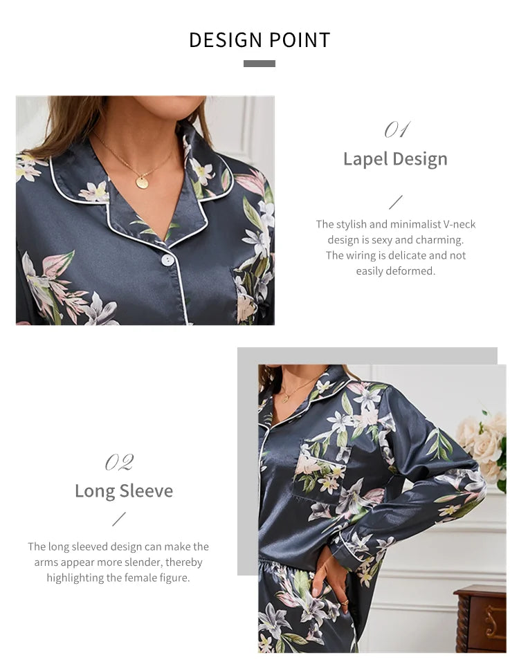 Pyjama 2 pièces en satin pour femme, vêtement d'automne à imprimé floral, haut à manches longues, pantalon de pyjama