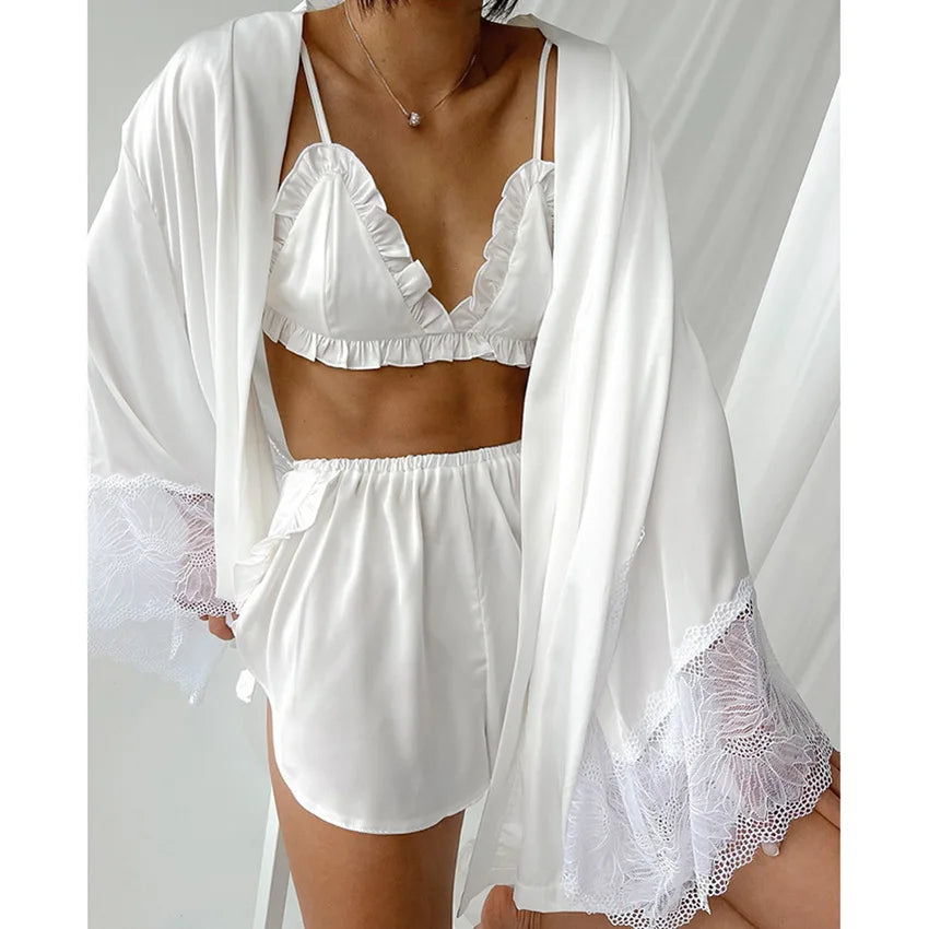 Ensembles de pyjama en dentelle patchwork avec soutien-gorge et sous-vêtements sexy en satin pour femme, 3 pièces, vêtements de nuit, peignoirs, 2023