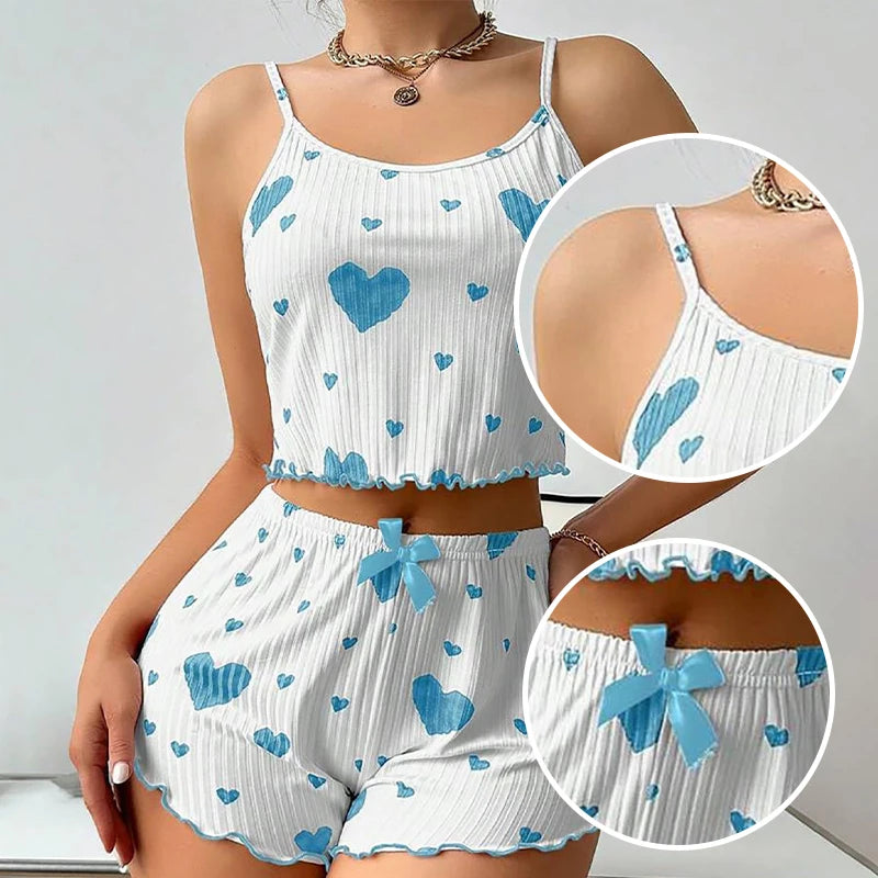 Ensemble pyjama 2 pièces pour femme, débardeur court et short, taille SML, blanc, respirant, doux, décontracté, imprimé Love
