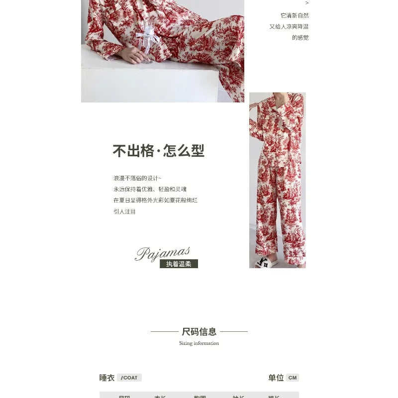 Ensemble pyjama 2 pièces pour femme, tenue de détente, imprimé floral rouge, manches longues, pantalon, vêtements de nuit amples en satin, chemise et pantalon