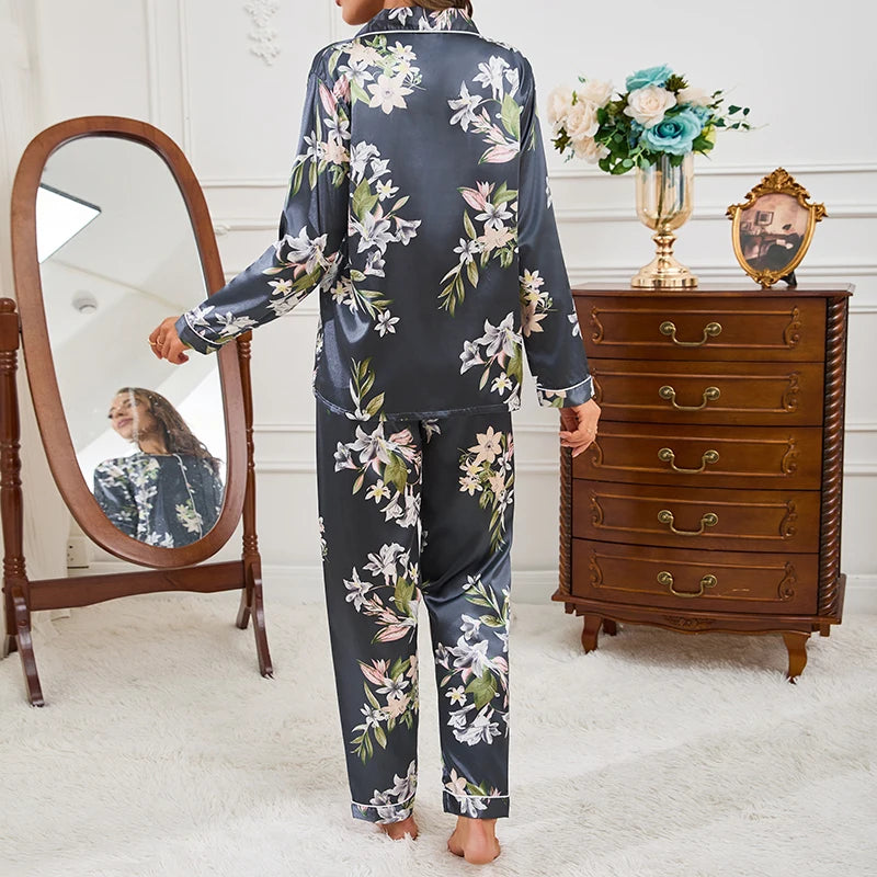 Pyjama 2 pièces en satin pour femme, vêtement d'automne à imprimé floral, haut à manches longues, pantalon de pyjama