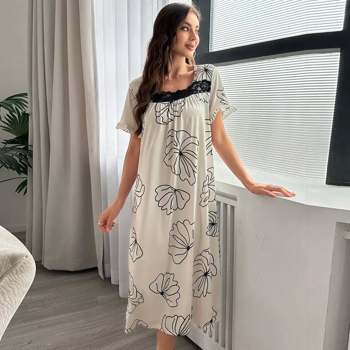 Pyjama d'été une pièce pour femme, imprimé floral élégant, col carré, longue chemise de nuit ample, peut être porté à l'extérieur, peignoir de maison