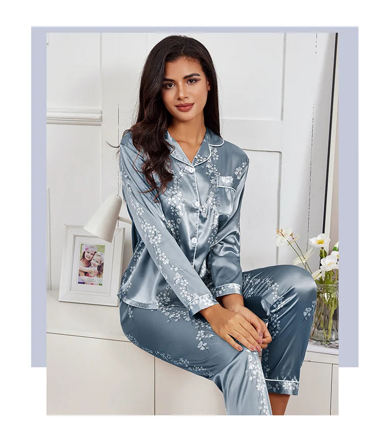 Pyjama 2 pièces en satin pour femme, vêtement d'automne à imprimé floral, haut à manches longues, pantalon de pyjama