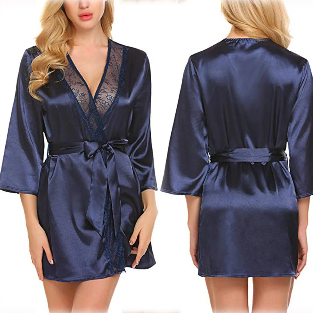 Robe de chambre en satin pour femme, tenue d'été portefeuille, peignoir, chemise de nuit, pyjama, col en V, sexy, surdimensionnée, imitation soie, perspective