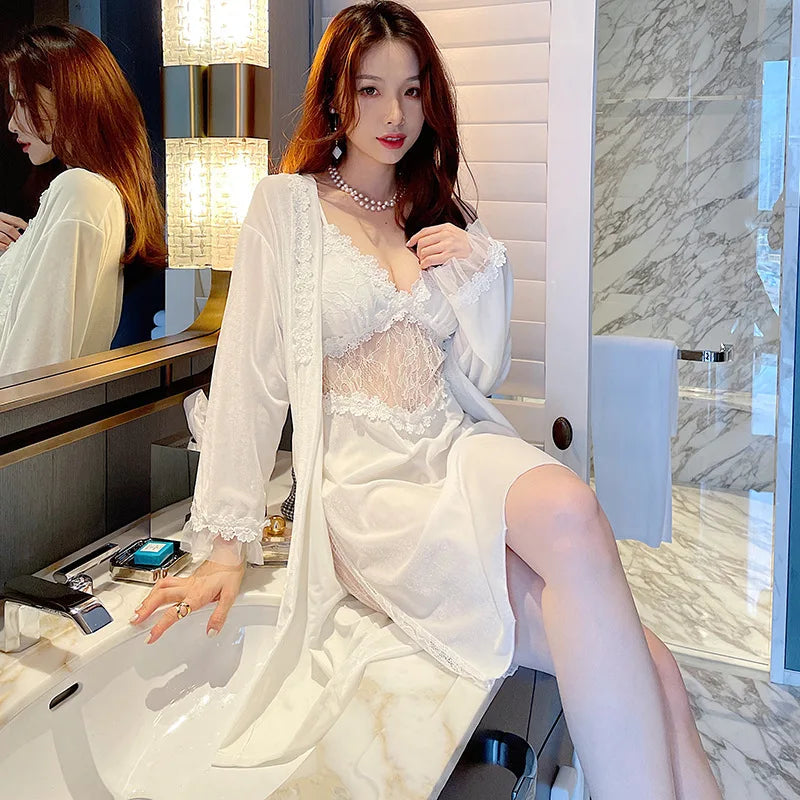 Pyjama sexy en velours pour femme - Robe à manches longues et chemise de nuit à bretelles en dentelle pour l'hiver et l'automne - Vêtements de nuit deux pièces confortables