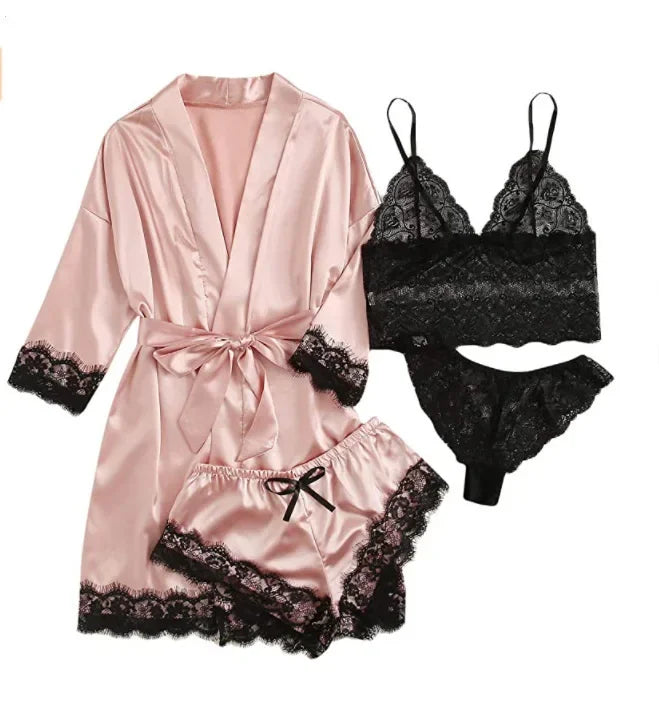 Pyjama tendance pour femme, imprimé, sexy, bordure en dentelle, imitation soie, satin, doux pour la peau, confortable, vêtements de détente, pyjama sexy