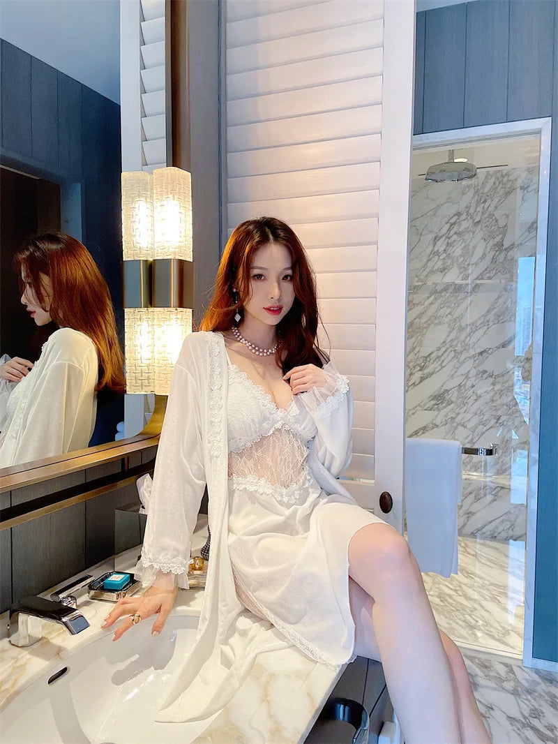 Pyjama sexy en velours pour femme - Robe à manches longues et chemise de nuit à bretelles en dentelle pour l'hiver et l'automne - Vêtements de nuit deux pièces confortables