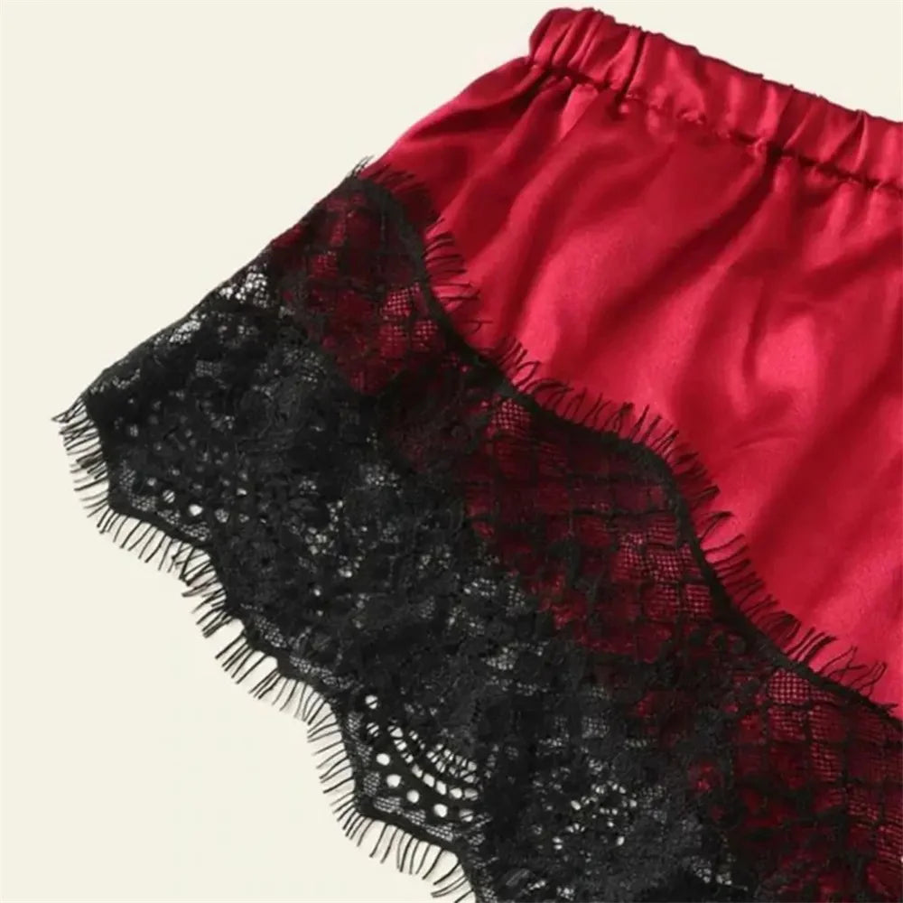 Ensemble de pyjama sexy en satin et dentelle pour femme, lingerie, short à bretelles élastiques, vêtements de nuit, sous-vêtements sans manches