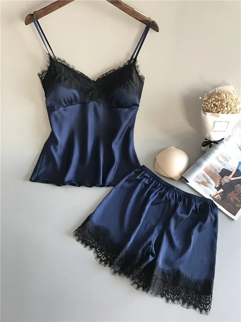 Pyjama d'été pour femme, ensemble tendance, col en V, en satin extensible, nuisette en dentelle, lingerie sexy, short de nuit