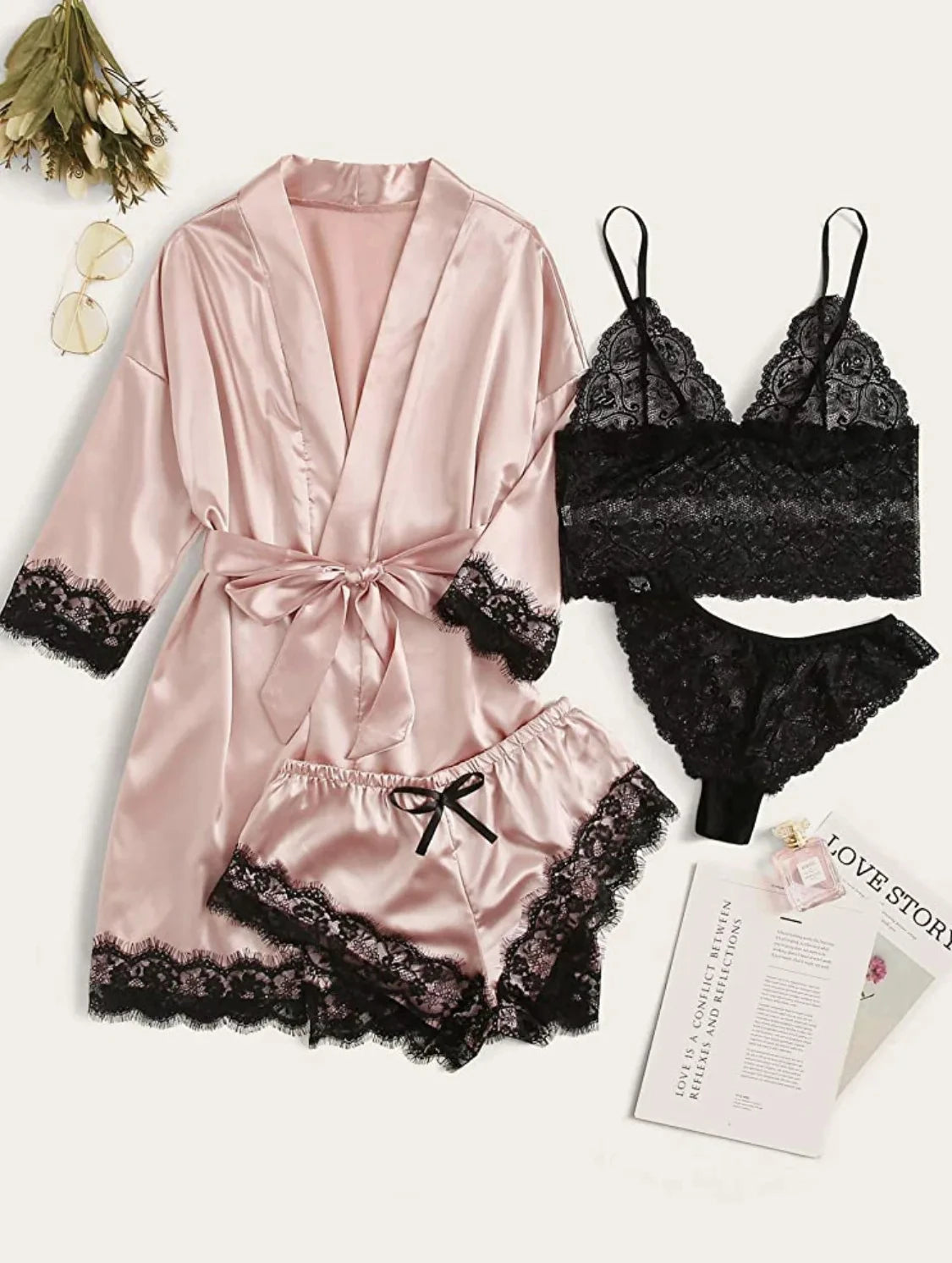 Pyjama tendance pour femme, imprimé, sexy, bordure en dentelle, imitation soie, satin, doux pour la peau, confortable, vêtements de détente, pyjama sexy