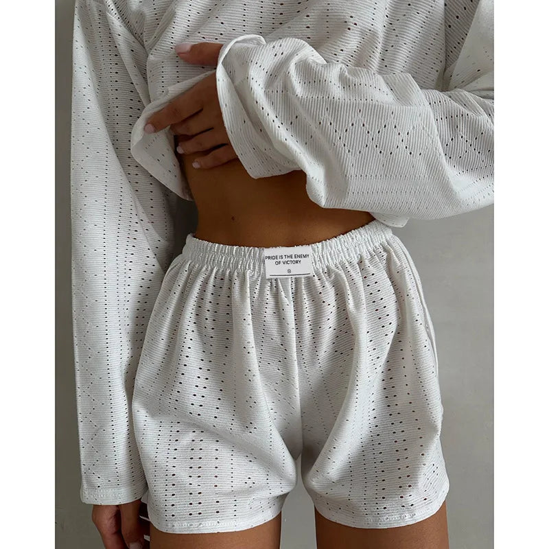 Pyjama d'été ajouré pour femme, haut à manches longues et short, ensemble 2 pièces