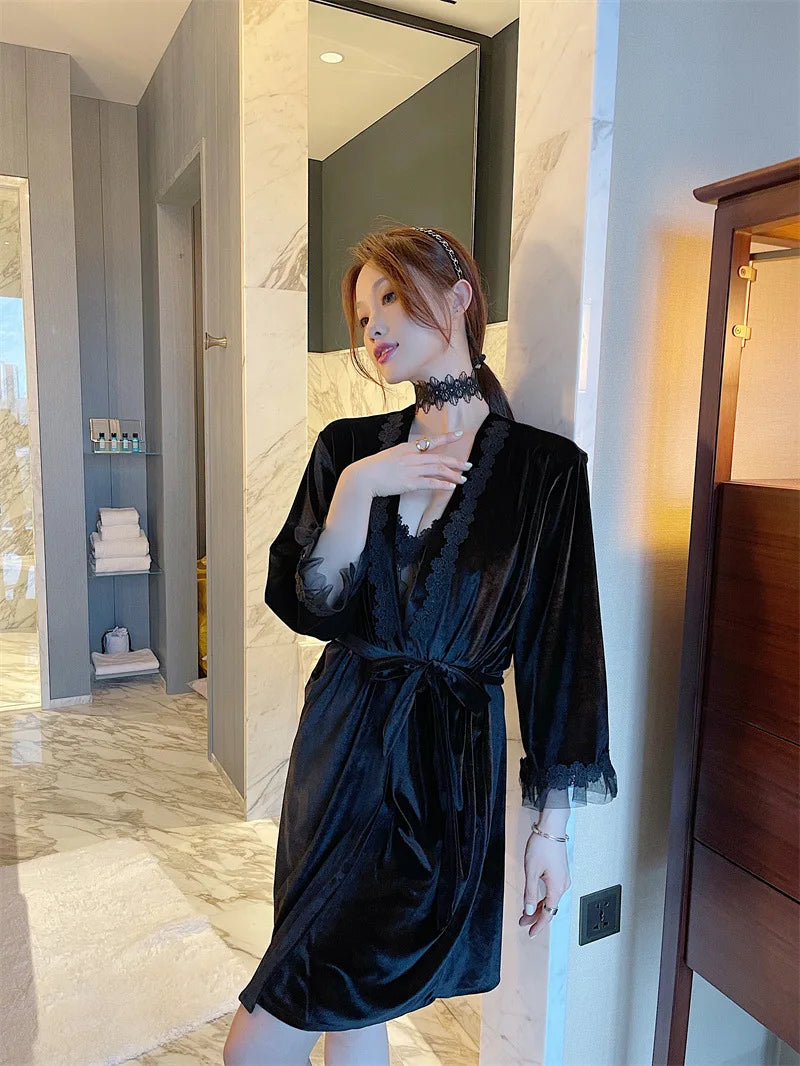Pyjama sexy en velours pour femme - Robe à manches longues et chemise de nuit à bretelles en dentelle pour l'hiver et l'automne - Vêtements de nuit deux pièces confortables
