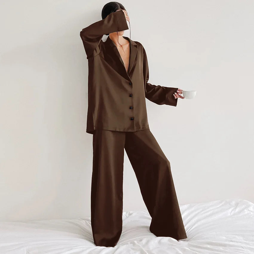 Ensemble de pyjama sexy à coupe basse pour femme, pantalon ample et décontracté à manches longues, en satin de soie uni, haut ajusté, 2 pièces