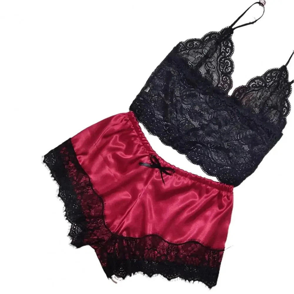 Ensemble de pyjama sexy en satin et dentelle pour femme, lingerie, short à bretelles élastiques, vêtements de nuit, sous-vêtements sans manches