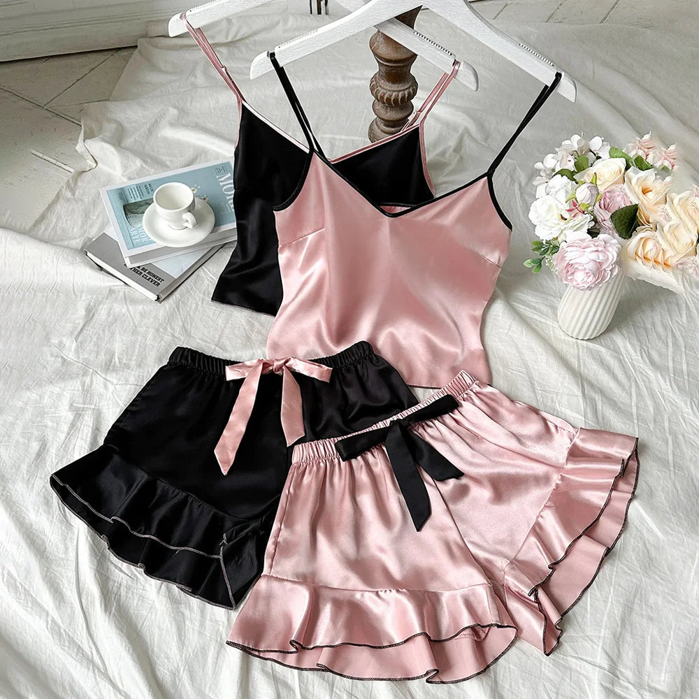 Ensemble caraco short à volants et nœud Whisper Silky