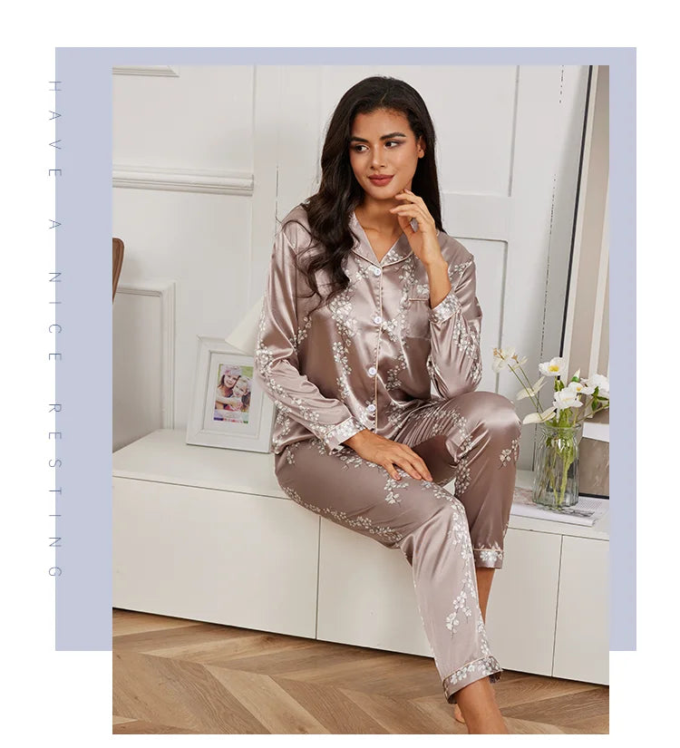 Pyjama 2 pièces en satin pour femme, vêtement d'automne à imprimé floral, haut à manches longues, pantalon de pyjama