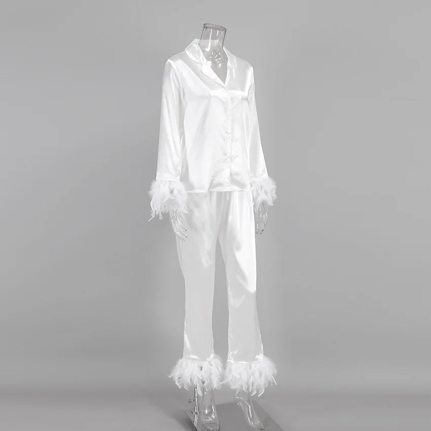 Ensemble 2 pièces à manches longues et pantalon long, pyjama blanc pour demoiselle d'honneur, robe de soirée en satin à revers multicolore, élasticité, pyjama sexy pour femme