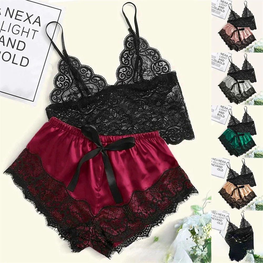 Ensemble de pyjama sexy en satin et dentelle pour femme, lingerie, short à bretelles élastiques, vêtements de nuit, sous-vêtements sans manches