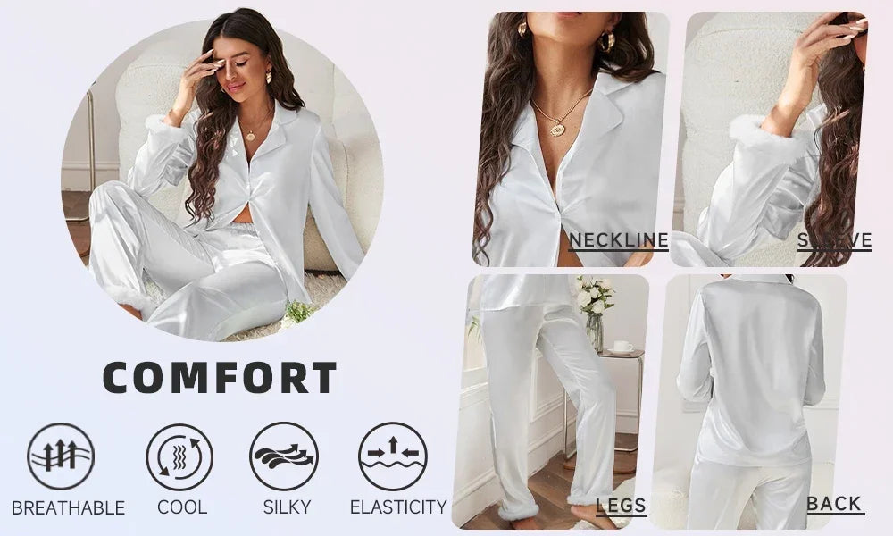 Ensemble 2 pièces à manches longues et pantalon long, pyjama blanc pour demoiselle d'honneur, robe de soirée en satin à revers multicolore, élasticité, pyjama sexy pour femme
