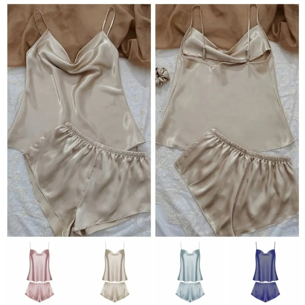 Pyjama sans manches en satin de soie, col en V, ample, caraco, short, chemise de nuit, vêtements de maison, ensembles de vêtements de nuit en soie glacée, été, femme