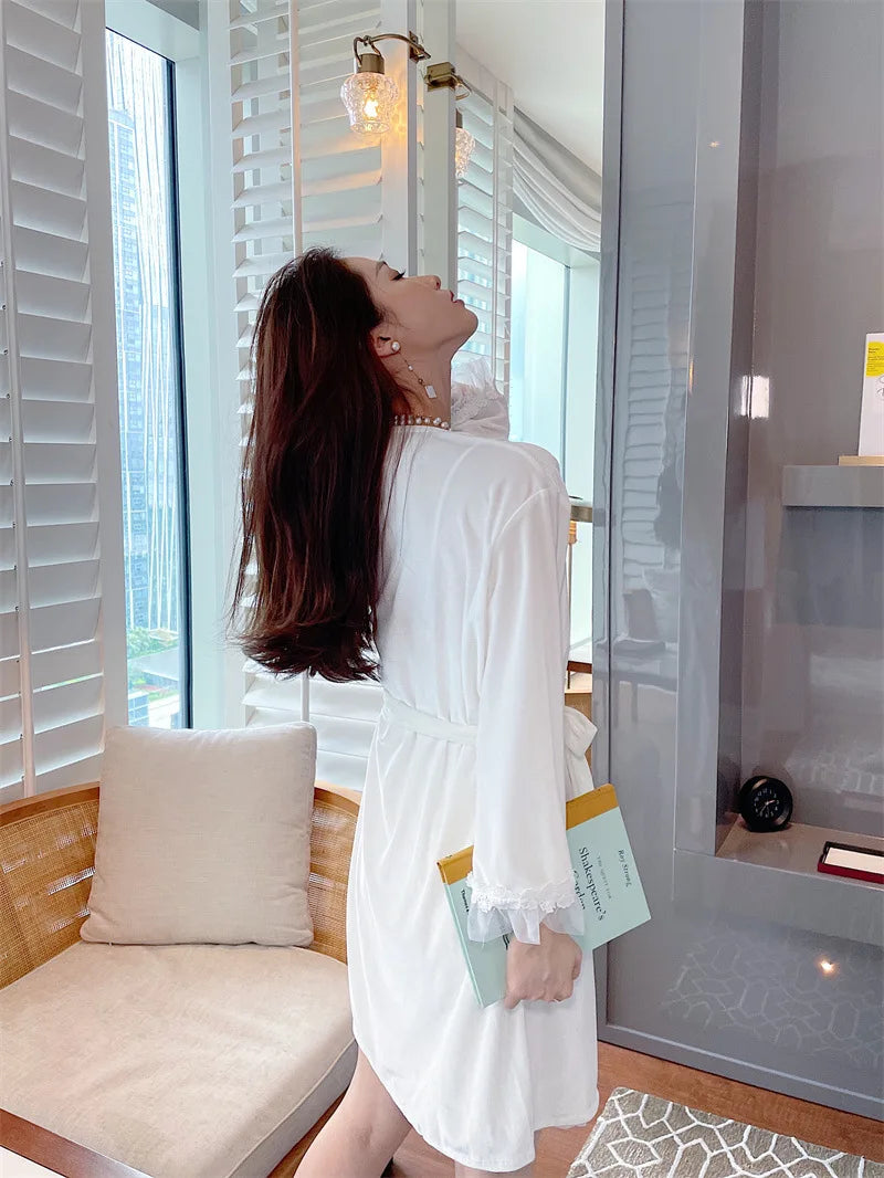 Pyjama sexy en velours pour femme - Robe à manches longues et chemise de nuit à bretelles en dentelle pour l'hiver et l'automne - Vêtements de nuit deux pièces confortables