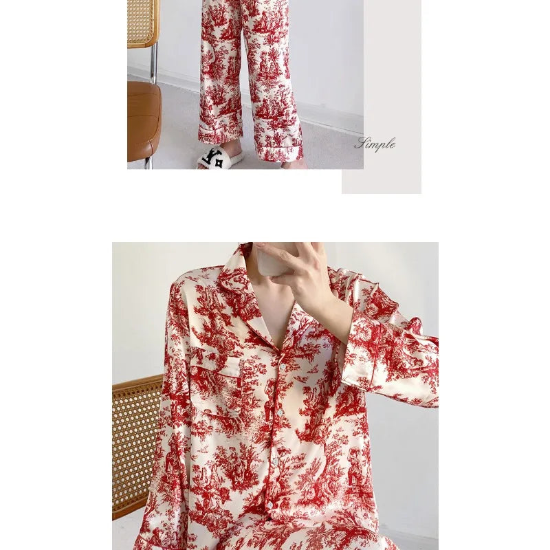 Ensemble pyjama 2 pièces pour femme, tenue de détente, imprimé floral rouge, manches longues, pantalon, vêtements de nuit amples en satin, chemise et pantalon