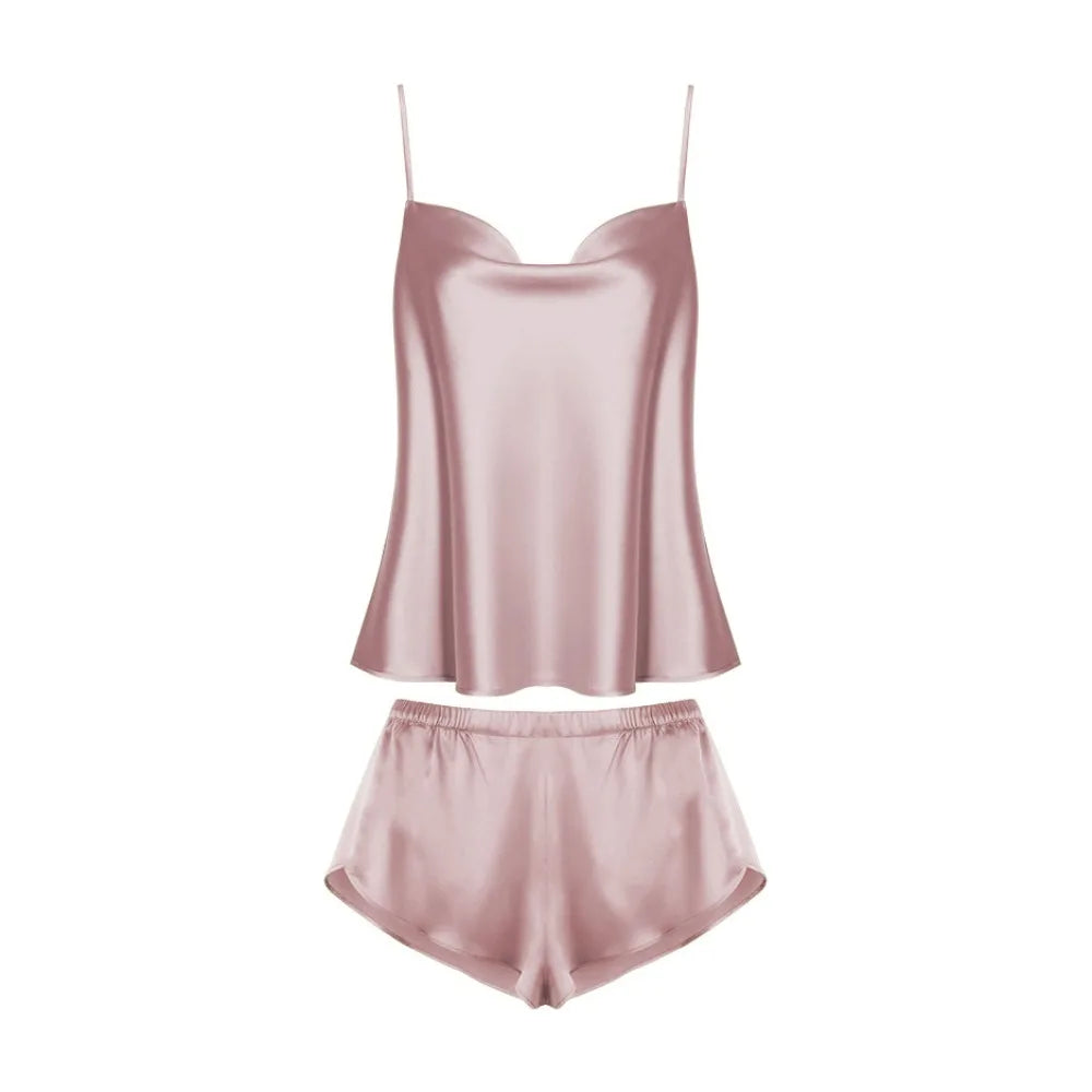 Pyjama sans manches en satin de soie, col en V, ample, caraco, short, chemise de nuit, vêtements de maison, ensembles de vêtements de nuit en soie glacée, été, femme