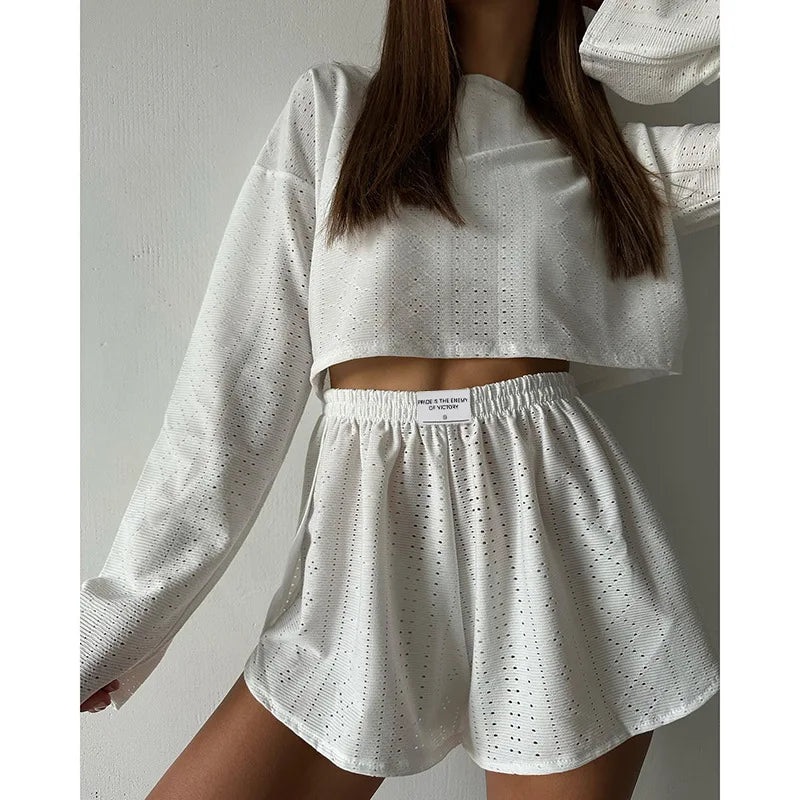 Pyjama d'été ajouré pour femme, haut à manches longues et short, ensemble 2 pièces