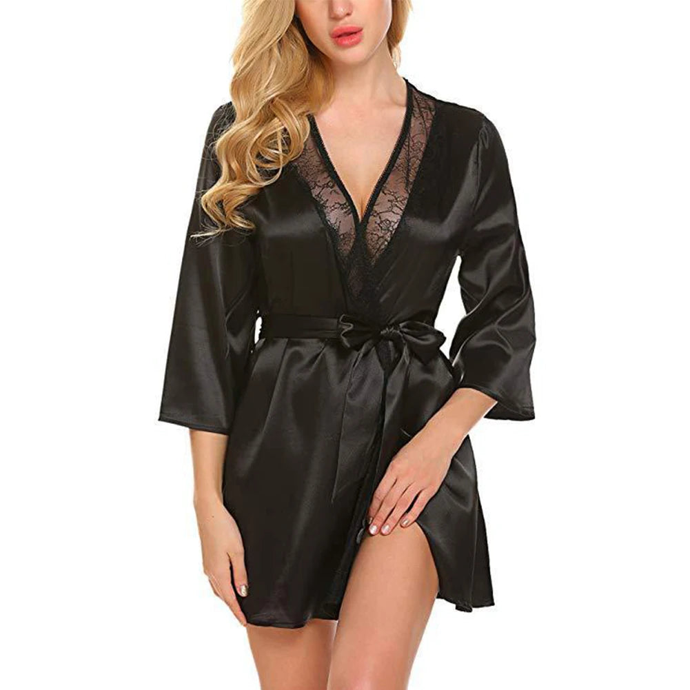 Robe de chambre en satin pour femme, tenue d'été portefeuille, peignoir, chemise de nuit, pyjama, col en V, sexy, surdimensionnée, imitation soie, perspective