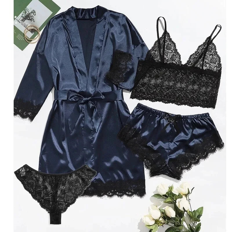 Pyjama tendance pour femme, imprimé, sexy, bordure en dentelle, imitation soie, satin, doux pour la peau, confortable, vêtements de détente, pyjama sexy