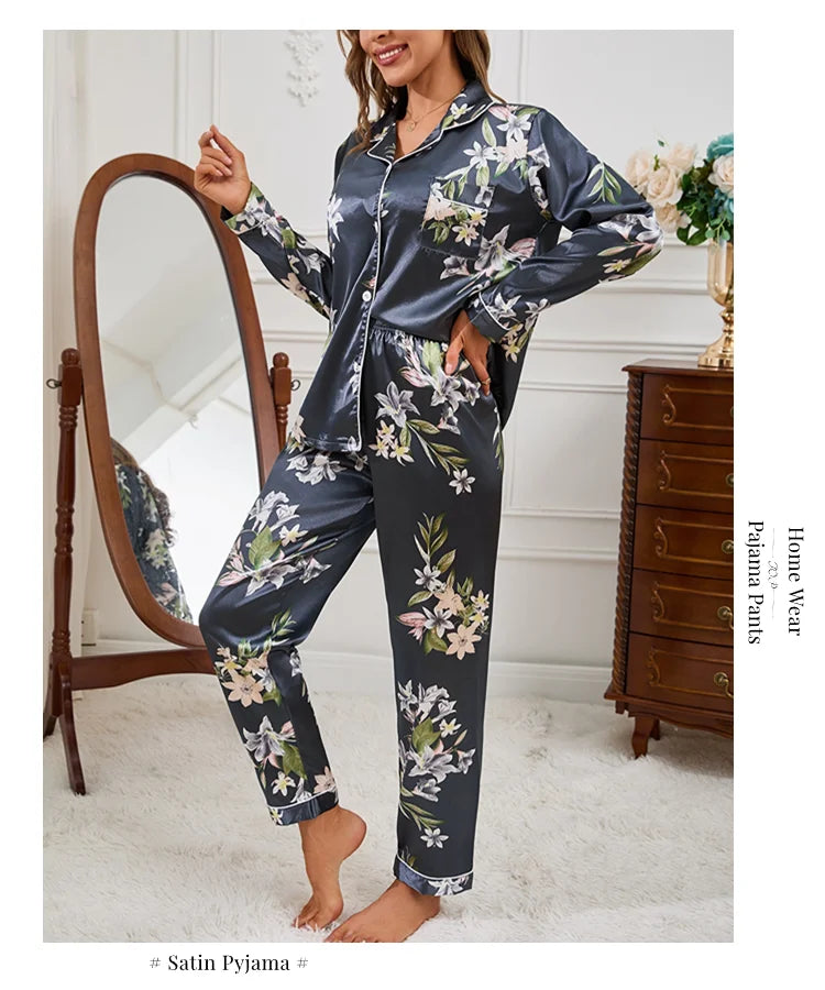 Pyjama 2 pièces en satin pour femme, vêtement d'automne à imprimé floral, haut à manches longues, pantalon de pyjama