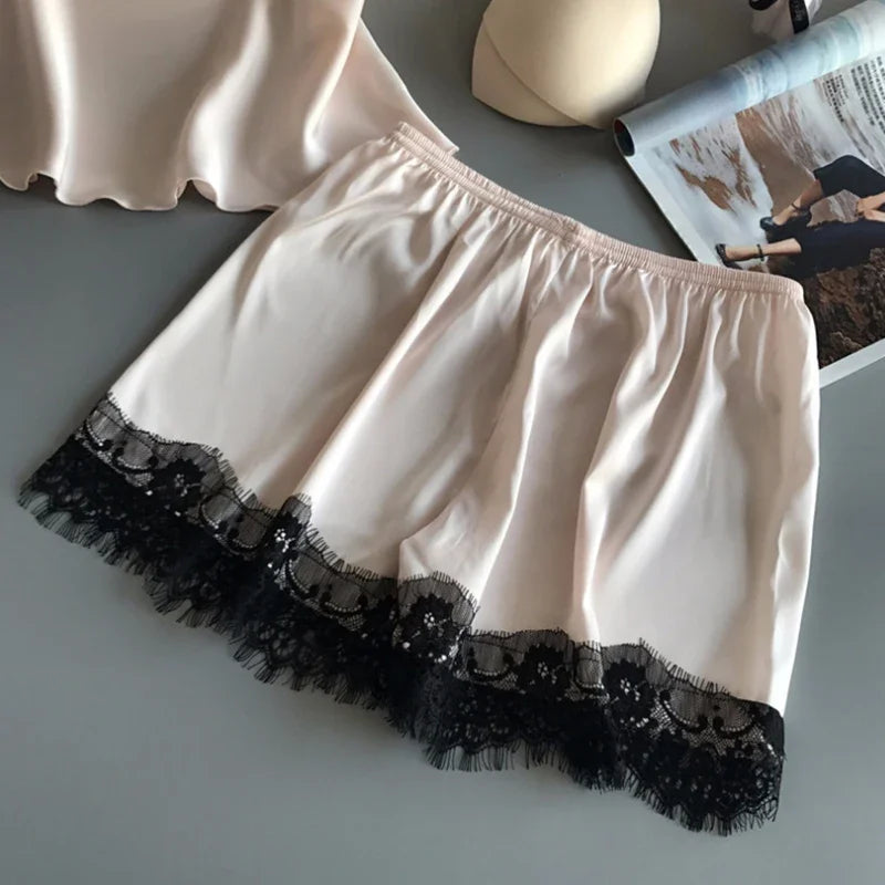 Pyjama d'été pour femme, ensemble tendance, col en V, en satin extensible, nuisette en dentelle, lingerie sexy, short de nuit