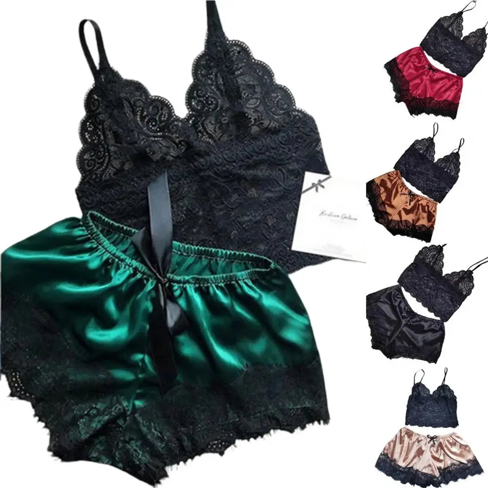 Ensemble de pyjama sexy en satin et dentelle pour femme, lingerie, short à bretelles élastiques, vêtements de nuit, sous-vêtements sans manches
