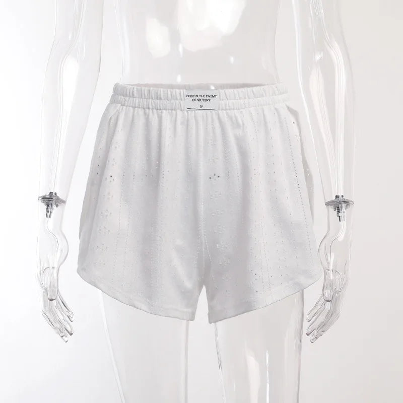 Pyjama d'été ajouré pour femme, haut à manches longues et short, ensemble 2 pièces