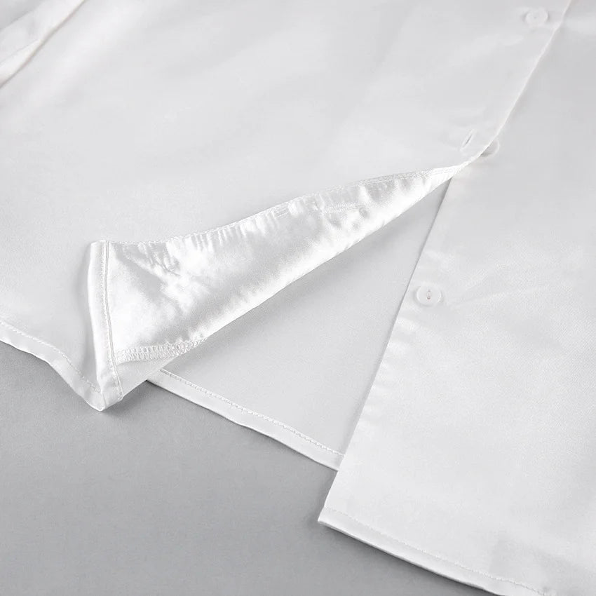 Ensemble 2 pièces à manches longues et pantalon long, pyjama blanc pour demoiselle d'honneur, robe de soirée en satin à revers multicolore, élasticité, pyjama sexy pour femme