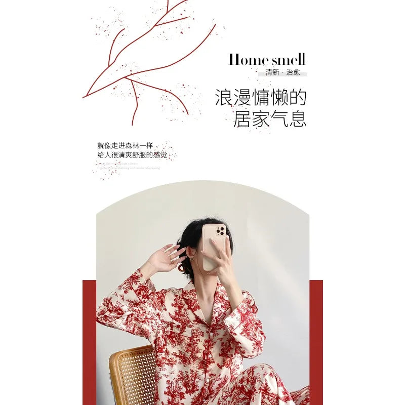 Ensemble pyjama 2 pièces pour femme, tenue de détente, imprimé floral rouge, manches longues, pantalon, vêtements de nuit amples en satin, chemise et pantalon