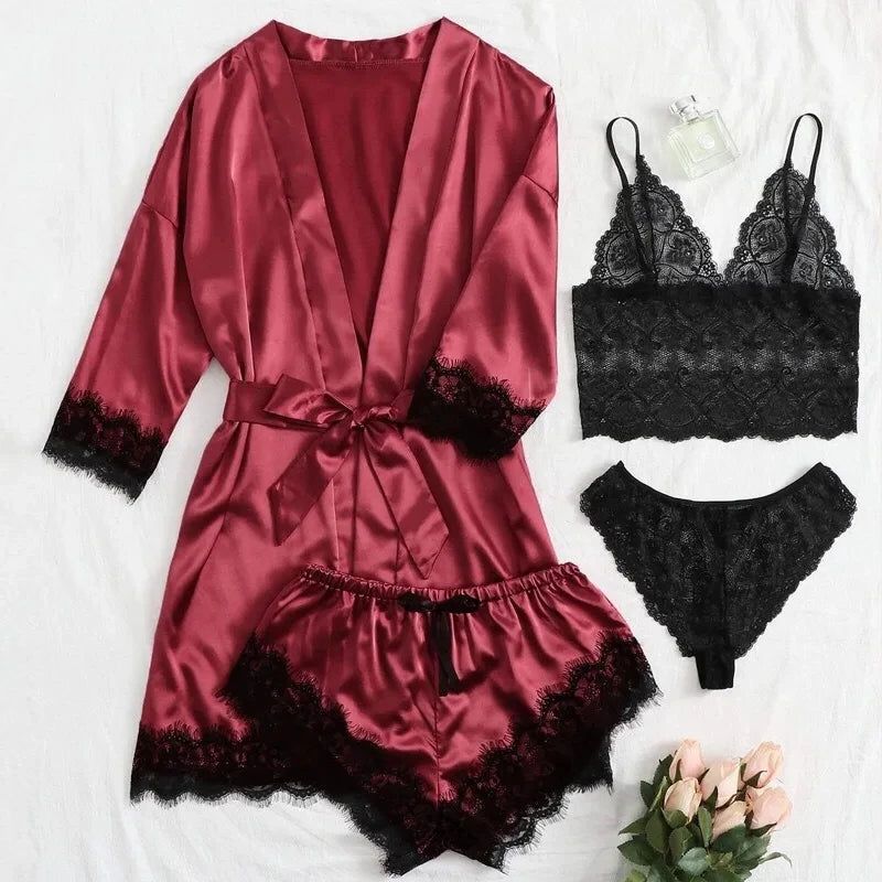 Pyjama tendance pour femme, imprimé, sexy, bordure en dentelle, imitation soie, satin, doux pour la peau, confortable, vêtements de détente, pyjama sexy