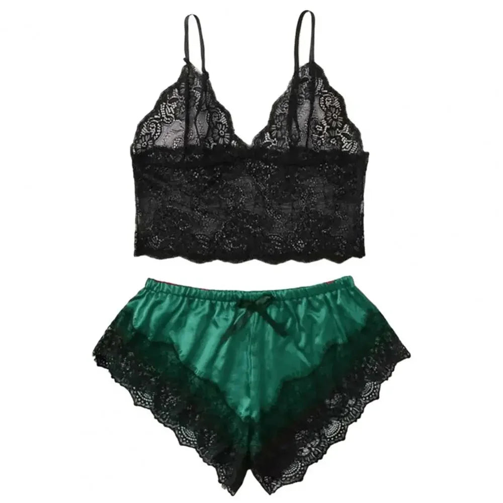 Ensemble de pyjama sexy en satin et dentelle pour femme, lingerie, short à bretelles élastiques, vêtements de nuit, sous-vêtements sans manches