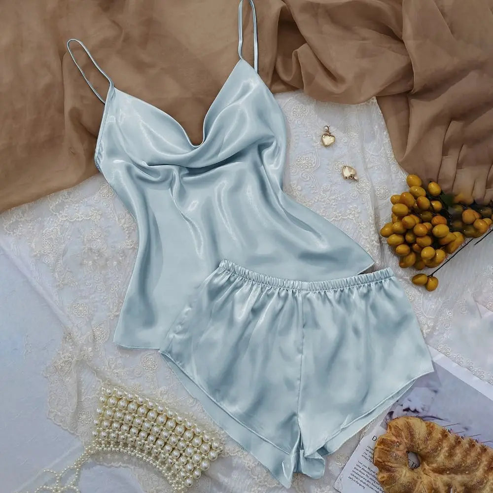 Pyjama sans manches en satin de soie, col en V, ample, caraco, short, chemise de nuit, vêtements de maison, ensembles de vêtements de nuit en soie glacée, été, femme