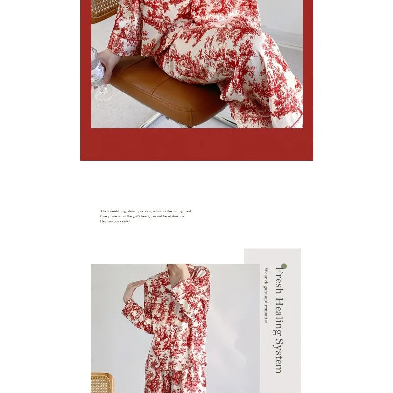 Ensemble pyjama 2 pièces pour femme, tenue de détente, imprimé floral rouge, manches longues, pantalon, vêtements de nuit amples en satin, chemise et pantalon