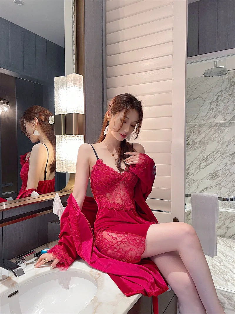 Pyjama sexy en velours pour femme - Robe à manches longues et chemise de nuit à bretelles en dentelle pour l'hiver et l'automne - Vêtements de nuit deux pièces confortables