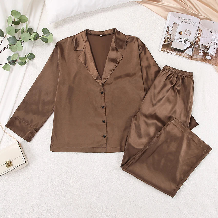 Ensemble de pyjama sexy à coupe basse pour femme, pantalon ample et décontracté à manches longues, en satin de soie uni, haut ajusté, 2 pièces