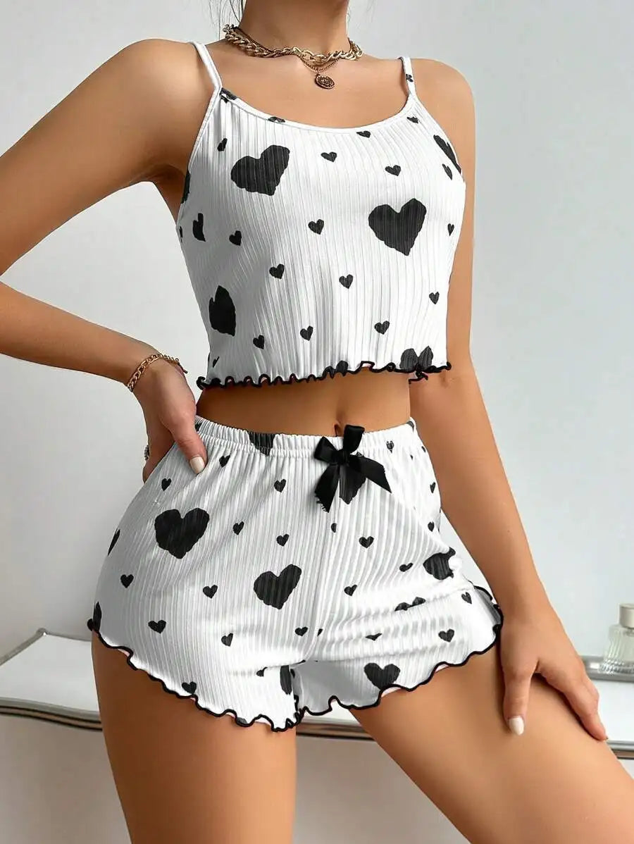 Ensemble pyjama 2 pièces pour femme, débardeur court et short, taille SML, blanc, respirant, doux, décontracté, imprimé Love