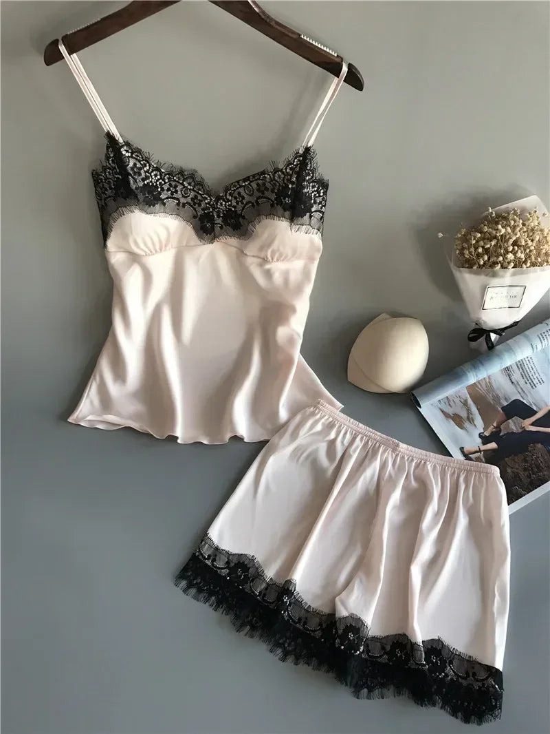 Pyjama d'été pour femme, ensemble tendance, col en V, en satin extensible, nuisette en dentelle, lingerie sexy, short de nuit