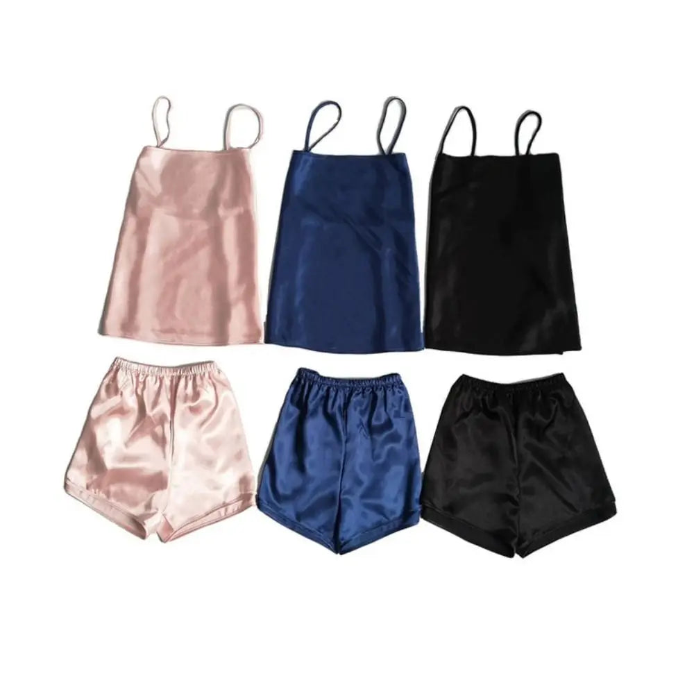 Pyjama sans manches en satin de soie, col en V, ample, caraco, short, chemise de nuit, vêtements de maison, ensembles de vêtements de nuit en soie glacée, été, femme