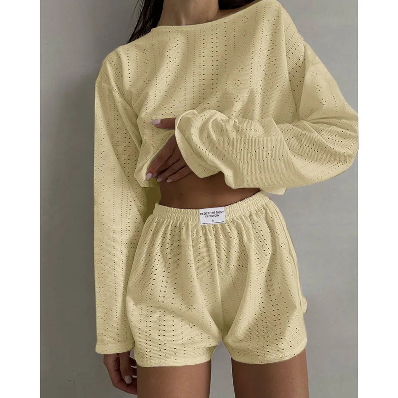 Pyjama d'été ajouré pour femme, haut à manches longues et short, ensemble 2 pièces