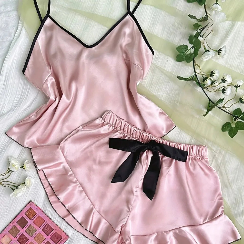 Ensemble caraco short à volants et nœud Whisper Silky